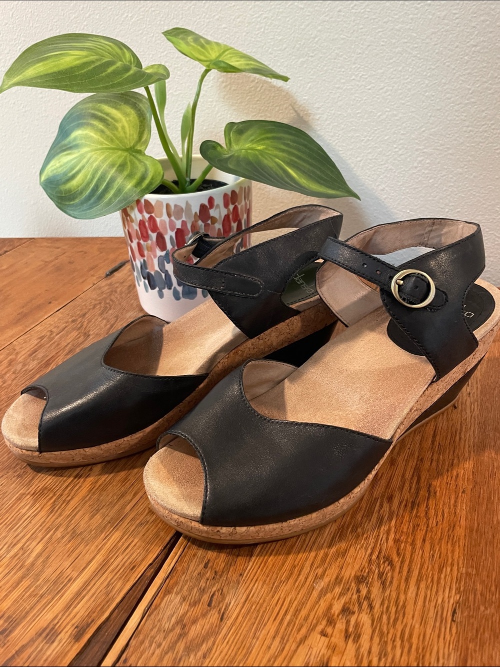 Dansko Charlotte Wedge Sandals — Black Leather — Size 41